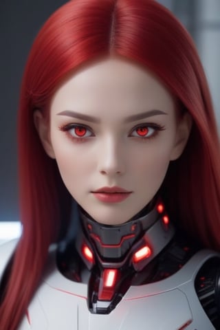 female robot, long red glowing plastic hair, LED red eyes. platic/futuristic red skin, looking to the left