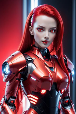 female robot, long red glowing plastic hair, LED red eyes. platic/futuristic red skin, looking to,shining_sparkle_background,more detail XL