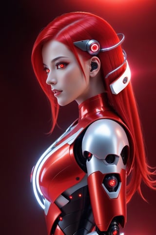 female robot, long red glowing plastic hair, LED red eyes. platic/futuristic red skin, profile, shining_sparkle_background,more detail XL,p3rfect boobs