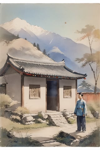 cottage with calm stream by the side, chinese style cottage, sunny, clear blue sky, light rainbow, mountains in the background, young chinese male at the door of the cottage