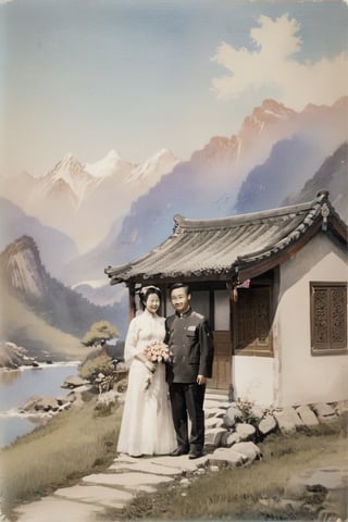 cottage with calm stream by the side, chinese style cottage, sunny, clear blue sky, light rainbow, mountains in the background, young chinese couple at the door celebrate for wedding Infront the cottage, supreme background, the father and mother beside them, 