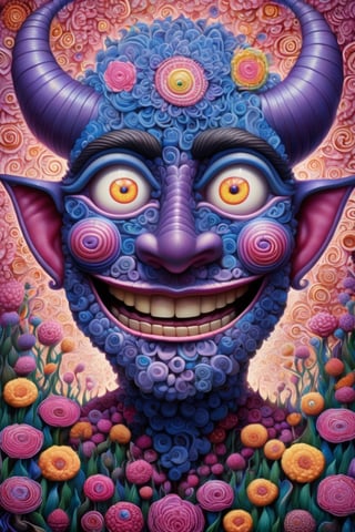 Zentangled portrait of a man with horn and glowing eyes, in flower field, smilling, (naoto hattori, joe Fenton), surrealism, fantasy, reflection, painting, metaphysical, Psychedelic art, (bright colors), super-detailed geometric patterns, symmetrical design, weird art, purple, blue, pink, white, quilling