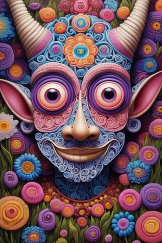 Zentangled portrait of a man with horn and glowing eyes, in flower field, smilling, (naoto hattori, joe Fenton), surrealism, fantasy, reflection, painting, metaphysical, Psychedelic art, (bright colors), super-detailed geometric patterns, symmetrical design, weird art, purple, blue, pink, white, quilling