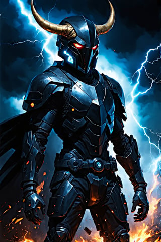 Create a dynamic and electrifying digital painting of a futuristic armored warrior, exuding an aura of power and mystery. The central figure should be clad in a sleek, black, high-tech suit of armor that contours perfectly to their muscular frame, emphasizing both agility and strength. The armor is adorned with glowing blue accents that pulse with energy, creating a striking contrast against the dark material. The helmet is menacing and intricate, with sharp, angular lines and a pair of glowing red eyes that pierce through the darkness, giving the character an intimidating presence. Golden horns protrude from the helmet, adding a regal yet fierce element to the design. The background should be a chaotic, stormy sky, filled with cracks of lightning and swirling dark clouds, enhancing the sense of impending danger and action. Sparks and debris fly around the warrior, suggesting a recent or ongoing battle. The lighting should highlight the metallic sheen of the armor and the glowing elements, casting dramatic shadows and enhancing the overall intensity of the scene. This digital painting should capture the essence of a formidable, otherworldly protector, blending futuristic technology and mythic elements to create an unforgettable, visually stunning image.