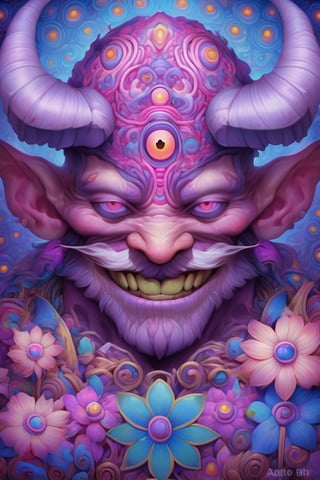 Zentangled portrait of a man with horn and glowing eyes, in flower field, smilling, (naoto hattori, joe Fenton), surrealism, fantasy, reflection, painting, metaphysical, Psychedelic art, (bright colors), super-detailed geometric patterns, symmetrical design, weird art, purple, blue, pink, white, quilling