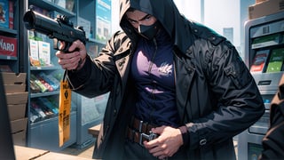 ((masterpiece)), ((best quality)), (1boy) ,an of male Masked robber, dressed in a black Trench coat attire, in bank, manly,  holding apistol gun,   depth of field,cowboy shot, long shot ,mature male,