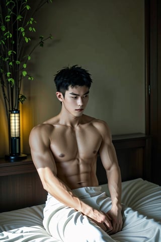 modern bedroom, japanese style interior, minimalistic, luscious greenery outside, setting sun, peaceful, tranquil, soft lighting, young chinese male sitting on the bed,MONSTERALPHA 