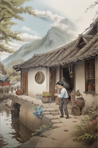 cottage with calm stream by the side, chinese style cottage, sunny, clear blue sky, light rainbow, mountains in the background, young chinese male at the door of the cottage