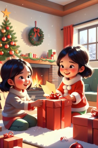 Christmas scene indoors fireplace snowing sunny outside 2 asian children with asian parents opening presents,LinkGirl,cute cartoon 