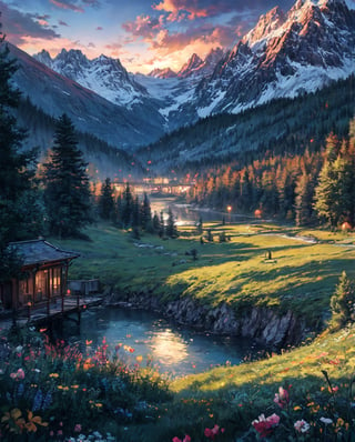(panoramic view, distant view, landscape, masterpiece, best quality, wonderland, vibrant wilderness), butterflies, flower field, dusk, golden hour, lonely bench, mountain summer view, green lush forest, woods, a faraway river down the mountain, small settlement 