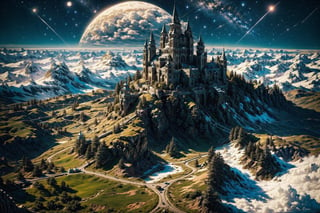 ((masterpiece, photorealistic, realism, best quality, cinematic lighting, open world, hyperdetailed)), city of cyberpunk, cyber kingdom, mechanical castle, magical atmosphere, epic, (((cyber magical garden, aerial view))), forest scene, cyberpunk, mecha land,  water, Icelandic, ((mechanical roses, blue roses)), city castle palace covered in moss, distant view, aerial view, environmental, landscape, fantasy artwork ,masterpiece,sitting moon, moon, stars, cloud,Mecha body
