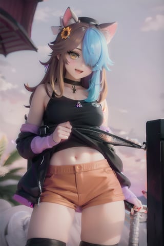 1girl, breasts, looking at viewer, smile, open mouth, bangs, ((large breasts)), brown hair, navel, holding, animal ears, cleavage, hair between eyes, medium breasts, collarbone, tail, braid, flower, :d, white tanktop , red hair, cowboy shot, outdoors, sky, day, cloud, nail polish, blurry, two-tone hair, tree, blue sky, streaked hair, blurry background, bandaid, bandaid on face, bandaid on nose, park, long hair, white hair,brown_hair, blonde hair,pvc,figma,short_hair, blush,masterpiece, ahoge,best quality,looking at the viewer,rabbit pose,pov, pink eyes,shyrei faolan, large breasts, star (symbol), blue hair,render, yellow eyes, green eyes, ponytail, fang, collar,jacket, hairband, elbow gloves, hair ornament, ,high lights,light aura,peachgolf,clothing_inner_view, red eyes, x hair ornament,harperstrikes, purple eyes,laimu,m,(hair ornament:1.2),black dress,trickywi,  hat, earrings, aqua eyes,bare shoulders, looking down, crown, brown eyes, pink hair,  hair over one eye, gradient hair,hmnc1,kizuna ai, twintails, sunflower, glasses, hair covering one eye,  (black pads sleeve:1.2), collar with chain, black crop top, (mesh:1.3), purple skirt, black skirt, skirt, square skirt, (two tone skirt:1.3), shorts, heterochromia, long sleeves,irelyth, black headwear, very long hair, blunt bangs, demon girl,kotorihikari, animal ear fluff, bow, hair bow, heart, (half color skirt:1.3), (thight mesh:1.3), ((purple thighhighs:1.3)), multicolored hair,dark skin, hair flower, shirt,ui1, green headwear, black boots, (purple eye),shizuka,peikovt,doggystyle,shubyuwu,rakkunvt,deva_vt,MERCHI,LilyBell_VT,flashing belly,kanade-fi,tania-fi,tania_beasttamer,kanade_beasttamer,nott vt, solo, dog ears,keiramevt