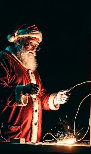 Photo,  4k,  best quality,  masterpiece,  Santa is doing some work on a large neon sign,  (sparks of electricity),  repairman Santa,  text,  "be good",  text,