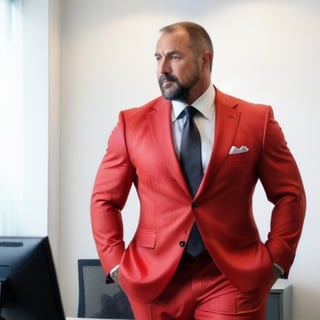 A sexy, hot, mature office worker musclebear in a tight red suit and black tie, big muscular ass, fat, obese, but very muscular. (best quality,4k,8k,highres,masterpiece:1.2),ultra-detailed,(realistic,photorealistic,photo-realistic:1.37),vivid colors,professional,studio lighting,physically-based rendering,sharp focus,extreme detail description,portraits