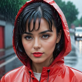 Close-up portrait of a black-haired woman, red glossy raincoat, posing in the rain, wet hair, beehive hairdo, beautiful figure, sharp focus, 1960s mod girl, high quality, detailed, vintage, retro, rainy, glossy texture, focused expression, cinematic lighting, vibrant red, wet streets