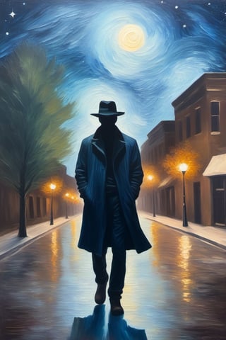  an oil painting of a serial killer silhouette on the street, backlighting, style of van gogh, starry night vibes, expressionism, gloomy, dark tones, unforgettable, emotional depth 