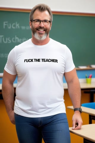 (50-year-old overweight hairy nerdy teacher) Caucasian wearing a tight white t-shirt with the words (FUCK THE TEACHER) on it, big-pecs, on class, blackboard on background, wearing skin tight skinny jeans, short-hair, huge bulge, blurry background