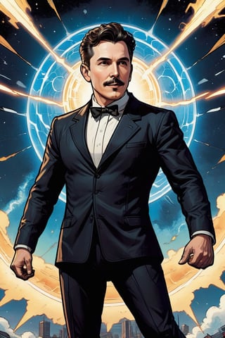 A vintage-inspired comic book poster featuring Nicola Tesla, the genius inventor-turned-superhero, hovering effortlessly above the ground with his eyes gleaming bright. He wears a sleek superhero suit adorned with a prominent 'T' emblem emblazoned across his chest. In the background, a swirling vortex of electricity crackles with energy, as if channeling Tesla's innovative spirit. His hands, perfectly posed in mid-air, radiate an aura of confidence and intellectual curiosity, as if ready to harness the power of lightning to save the world.,comic book