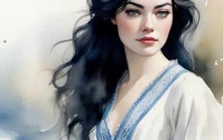 (((emma stone)) ,  (((long black hair))), (((thick black eyebrows))),  natural makeup , (((XIX century blue and white dress))), standing outside, (pale white skin:1), (highly detailed clothes:1) (highly detailed face:1) (freckles:0. 5) , ,watercolor style,oil paint