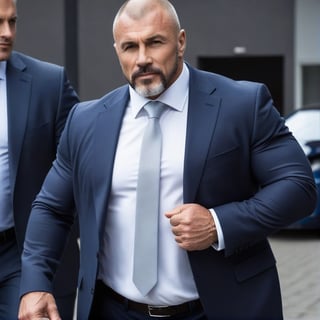  a very muscular 60 year old, 2 meters tall, slavic bodyibuilder musclebear man wearing a suit and tie. He is standing next to a blue car, which is parked behind him. The man has a large build body, broad shoulders and a shaved head, giving him a strong and imposing appearance. He is wearing a tight dark blue suit and light grey tie, which complements his dark hair and muscular build. The man's overall appearance suggests that he is confident and well-dressed, possibly attending a formal event or a business meeting.