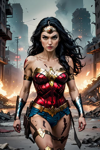 (masterpiece, 4k, ultra detailed, epic, cinematic shot, panoramic, wide angle camera, high definition) a woman, 30 years old, long black hair, athletic body, Wonder Woman costume, worn, battle wounds on the body, face of bravery, walking on the streets of a city at night, among many bodies of people on the ground, destruction everywhere, sad colored lighting, grey, black, brown, discouraging surroundings