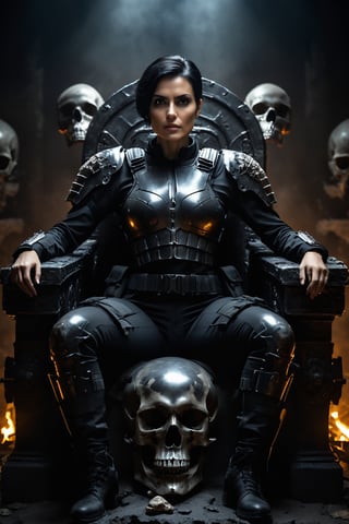 Masterpiece, ultra detailed, beautiful, high quality (Cinematic photo, panoramic, wide angle camera, 8k, high definition, heroic shot) a woman, 30 years old, athletic, sexy body, short black hair, threatening black eyes, expression of arrogance, she wears a black special forces soldier's suit, she is sitting on an ostentatious throne made of bones and skulls, the background is dark and gloomy (heroic lighting)