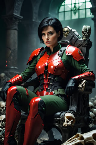 Masterpiece, ultra detailed, beautiful, high quality (Cinematic photo, panoramic, wide angle camera, 8k, high definition, heroic shot) a woman, 30 years old, athletic, sexy body, short black hair, threatening green eyes, expression of arrogance, she wears a red special forces soldier's suit, she is sitting on an ostentatious throne made of bones and skulls, the background is dark and gloomy (heroic lighting)