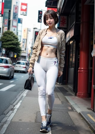 (Top Quality, Masterpiece), Realistic, Ultra High Resolution, Complex Details, Exquisite Details and Texture, Realistic, Beauty, viewed_from_behind, ((full body)), 1girl, japanese cute girl, (17 years old), super-short-hair, bangs, (Thin and Long Body), round face, (large saggy breasts), (bomber Jacket), (white shirt), ((beige leggings)), ((new balance 996)), (Downtown Shibuya), ((center street)), looking at another, sweating_profusely, perfect,