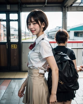 OsakaMetro20, train, scenery, outdoors, real world location, train station, building, day, railroad tracks, 
(1girl solo:1.5), From Behind, ((solo focus)), black hair, short sleeves, blurry, school uniform, a student standing on the platform at a railway station, 
(Top Quality, Masterpiece), Realistic, Ultra High Resolution, Complex Details, Exquisite Details and Texture, Realistic, Beauty, japanese litlle girl, ((Amused, Laugh)), (super-short-hair:1.2), bangs, (Thin Body), round face, (flat chest:1.0), ,dream_girl,Nature,midjourney,Realism,pastelbg,school uniform