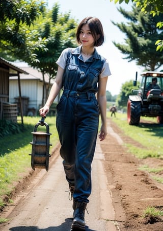 (Top Quality, Masterpiece), Realistic, Ultra High Resolution, Complex Details, Exquisite Details and Texture, Realistic, Beauty, viewed_from_below, ((full body)), japanese cute girl, (17 years old), farmer, super-short-hair, bangs, (Thin and Long Body), round face, (large saggy breasts), ((work jumpsuit)), ((doing farmwork:1.3)), (looking at another), sweating_profusely, perfect, ,pastelbg