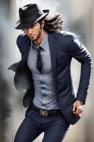 (Gunfight at the bar), (1male solo:1.2), (thrilling gun action:1.2), ((solo focus)), (blurry), (Infuriated face:1.0), looking away, jigen daisuke, haggard face, black hair, (very long back hair:1.5), (sideburns:1.2), (long goatee:2.0), (wear a black hat over his eyes:1.2), navy blue suit, worn out suit, gray shirt, loose black tie, (smoke the butts:1.2), (Smith&Wesson Model19 in righthand:1.8), (shoot the gun:1.5), (skinny body, long limbs:1.2), 
(Top Quality, Masterpiece), Realistic, Ultra High Resolution, Complex Details, Exquisite Details and Texture, Realistic, Stylish,SalomanElfric, ,action shot