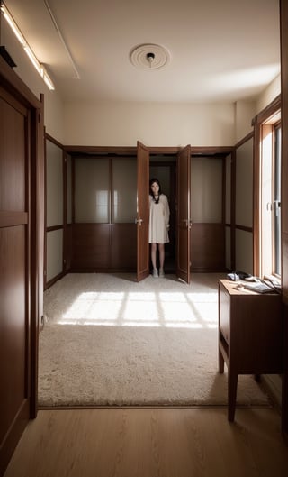 a girl, ((secret room without a door)), (one berth), ((surrounded by windowless walls)), artificial light without shadows, a trapped woman, (very confused woman), 