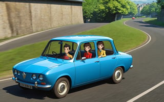 Lupin the 3rd, Lupin and Fujiko driving renault 8 gordini, paris suburban, 
(full body:1.0), from bellow, high quality skin texture rendering, curved body, masterpiece, 8k, high resolution, ghibli, ,r0b0cap,StdGBRedmAF