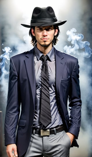 (1male solo:1.2), (full Body:1.2), from front, from above, ((solo focus)), (blurry), (Infuriated face:1.0), looking away, jigen daisuke, haggard face, black hair, (very long back hair:1.8), (sideburns), (long goatee:2.0), (wear a black hat over his eyes:1.2), navy blue suit, worn out suit, gray shirt, loose black tie, (smoke the butts:1.2), (Smith&Wesson Model19 in righthand:1.8), (shoot the gun:1.5), (skinny body, long limbs:1.2), 
(Top Quality, Masterpiece), Realistic, Ultra High Resolution, Complex Details, Exquisite Details and Texture, Realistic, Stylish,SalomanElfric, 
