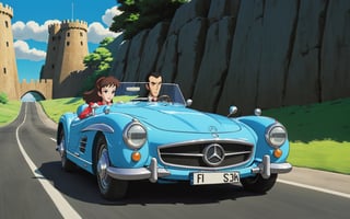 Lupin the 3rd, Lupin and Fujiko driving Mercedes-Benz SSK, Castle of Cagliostro, 
(full body:1.0), from bellow, high quality skin texture rendering, curved body, masterpiece, 8k, high resolution, ghibli, ,r0b0cap,StdGBRedmAF