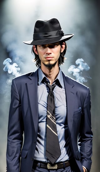 (1male solo:1.2), (full Body:1.2), from front, from above, ((solo focus)), (blurry), (Infuriated face:1.0), looking away, jigen daisuke, haggard face, black hair, (very long back hair:1.8), (sideburns), (long goatee:2.0), (wear a black hat over his eyes:1.2), navy blue suit, worn out suit, gray shirt, loose black tie, (smoke the butts:1.2), (Smith&Wesson Model19 in righthand:1.8), (shoot the gun:1.5), (skinny body, long limbs:1.2), 
(Top Quality, Masterpiece), Realistic, Ultra High Resolution, Complex Details, Exquisite Details and Texture, Realistic, Stylish,SalomanElfric, ,aesthetic portrait