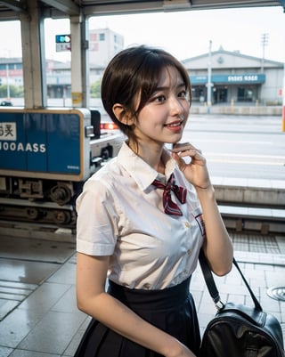 OsakaMetro20, train, scenery, outdoors, real world location, train station, building, day, railroad tracks, 
(1girl solo:1.5), Upper Body, ((solo focus)), black hair, short sleeves, blurry, school uniform, a student standing on the platform at a railway station, 
(Top Quality, Masterpiece), Realistic, Ultra High Resolution, Complex Details, Exquisite Details and Texture, Realistic, Beauty, japanese litlle girl, ((Amused, Laugh)), (super-short-hair:1.2), bangs, (Thin Body), round face, (flat chest:1.0), ,dream_girl,Nature,midjourney,Realism,pastelbg,school uniform