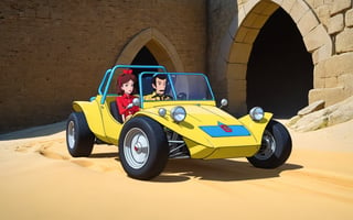 Dune Buggy, Lupin the 3rd, Lupin and Fujiko driving buggy, Castle of Cagliostro, 
(full body:1.0), from bellow, high quality skin texture rendering, curved body, masterpiece, 8k, high resolution, ghibli, ,r0b0cap,StdGBRedmAF