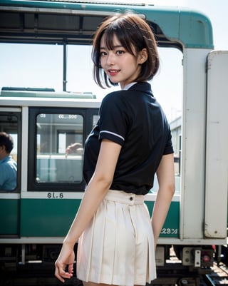OsakaMetro20, train, scenery, outdoors, real world location, train station, building, day, railroad tracks, 
(1girl solo:1.5), From Behind, ((solo focus)), black hair, short sleeves, blurry, school uniform, a student standing on the platform at a railway station, 
(Top Quality, Masterpiece), Realistic, Ultra High Resolution, Complex Details, Exquisite Details and Texture, Realistic, Beauty, japanese litlle girl, ((Amused, Laugh)), (super-short-hair:1.2), bangs, (Thin Body), round face, (flat chest:1.0), ,dream_girl,Nature,midjourney,Realism,pastelbg,school uniform