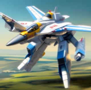 MACROSS VF-1 Valkyrie, Variable Fighter, GERWALK mode, Guardian Mode, the VF-1 looks like the nose and wings of a fighter plane stuck on "chicken walker" legs with two arms, 
(medium close-up:1.2), (solo:1.0), (dynamic and engaging:1.2), soft studio lighting, (Top Quality, Masterpiece), Realistic, Ultra High Resolution, Complex Details, Exquisite Details and Texture, Beauty, ((full body)), perfect,painting by jakub rozalski,zj,mecha