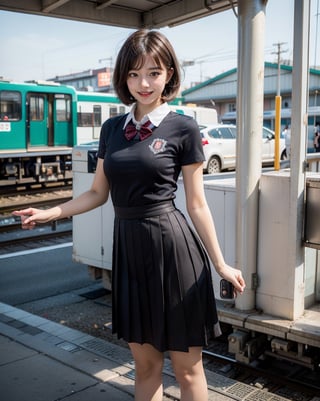OsakaMetro20, train, scenery, outdoors, real world location, train station, building, day, railroad tracks, 
(1girl solo:1.5), Full Body Shot, ((solo focus)), black hair, short sleeves, blurry, school uniform, a student standing on the platform at a railway station, 
(Top Quality, Masterpiece), Realistic, Ultra High Resolution, Complex Details, Exquisite Details and Texture, Realistic, Beauty, japanese litlle girl, ((Amused, Laugh)), (super-short-hair:1.2), bangs, (Thin Body), round face, (flat chest:1.0), ,dream_girl,Nature,midjourney,Realism,pastelbg,school uniform