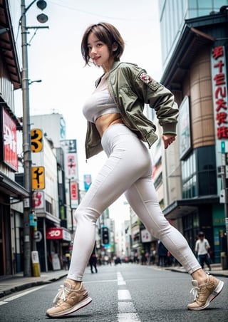 (Top Quality, Masterpiece), Realistic, Ultra High Resolution, Complex Details, Exquisite Details and Texture, Realistic, Beauty, viewed_from_below, ((full body)), 1girl, japanese cute girl, (17 years old), super-short-hair, bangs, (Thin and Long Body), round face, (large saggy breasts), (bomber Jacket), (white shirt), ((beige leggings)), ((new balance 996)), (Downtown Shibuya), ((street, walking)), looking at another, sweating_profusely, perfect,