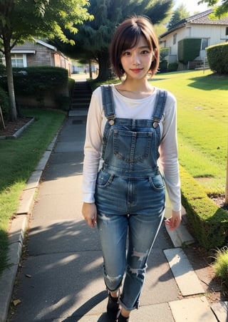 (Top Quality, Masterpiece), Realistic, Ultra High Resolution, Complex Details, Exquisite Details and Texture, Realistic, Beauty, viewed_from_below, ((full body)), 1girl, japanese cute girl, (17 years old), super-short-hair, bangs, ((Thin and Long Body)), round face, (large saggy breasts), (long-sleeved shirt, casual), ((Carthartt overalls)), (peaceful countryside view), walking, looking at another, sweating_profusely, perfect, ,pastelbg