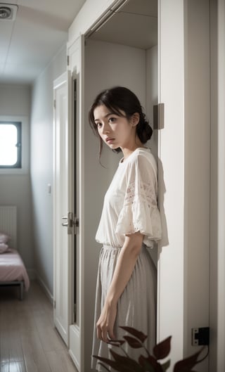 A confined and disoriented young woman, her features contorted in a mixture of fear and confusion, stands alone in the center of a small, windowless chamber. Artificial light casts an eerie glow, illuminating the stark white walls that seem to close in around her. The only bed in the room, a single berth, takes up most of the floor space, leaving little room for escape. The woman's desperate gaze is fixed on the featureless walls, her mind reeling with uncertainty as she tries to make sense of this claustrophobic environment.