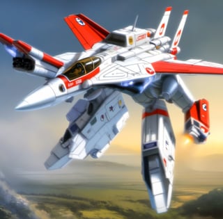 MACROSS VF-1 Valkyrie, Variable Fighter, GERWALK mode, Guardian Mode, the VF-1 looks like the nose and wings of a fighter plane stuck on "chicken walker" legs with two arms, 
(medium close-up:1.2), (solo:1.0), (dynamic and engaging:1.2), soft studio lighting, (Top Quality, Masterpiece), Realistic, Ultra High Resolution, Complex Details, Exquisite Details and Texture, Beauty, ((full body)), perfect,painting by jakub rozalski,zj,mecha