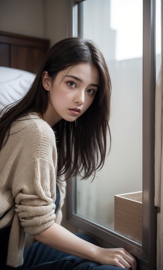 A young woman sits on the edge of a narrow one-berth bed, surrounded by windowless walls that seem to close in around her. Artificial lighting casts an eerie glow, devoid of shadows, as she looks up with a puzzled expression. Her disheveled hair and frazzled attire convey a sense of desperation, as if she's been trapped for some time without a clear escape route.