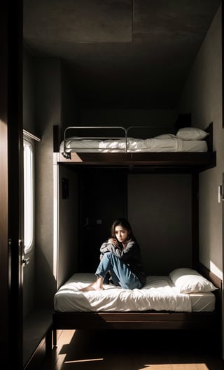 A dimly lit chamber with windowless walls: stark concrete or metal surfaces devoid of natural illumination. Artificial light casts a flat, shadow-less glow, illuminating the scene with an air of unease. A young woman perches on the edge of a small single berth bed, her eyes wide with bewilderment and panic as she takes in her confinement without an exit door in sight. Her distress is amplified by the sterile atmosphere and eerie lighting, emphasizing the sense of entrapment.