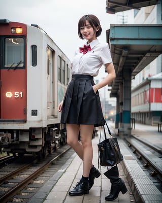 OsakaMetro20, train, scenery, outdoors, real world location, train station, building, day, railroad tracks, 
(1girl solo:1.5), from_behind, ((solo focus)), black hair, short sleeves, blurry, school uniform, a student standing on the platform at a railway station, 
(Top Quality, Masterpiece), Realistic, Ultra High Resolution, Complex Details, Exquisite Details and Texture, Realistic, Beauty, japanese litlle girl, ((Amused, Laugh)), (super-short-hair:1.2), bangs, (Thin Body), round face, (flat chest:1.0), 