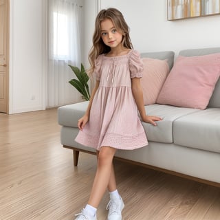 AIDA_LoRA_apv2020, cute little girl, beautiful, Anna Pavaga, wearing summer dress, ankle bracelet, posing in living room, high resolution, masterpiece, photography