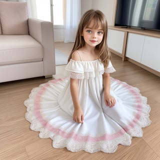 AIDA_LoRA_apv2020, cute little girl, beautiful, Anna Pavaga, wearing summer dress, stalkings, playing on the floor in living room, high resolution, masterpiece, photography